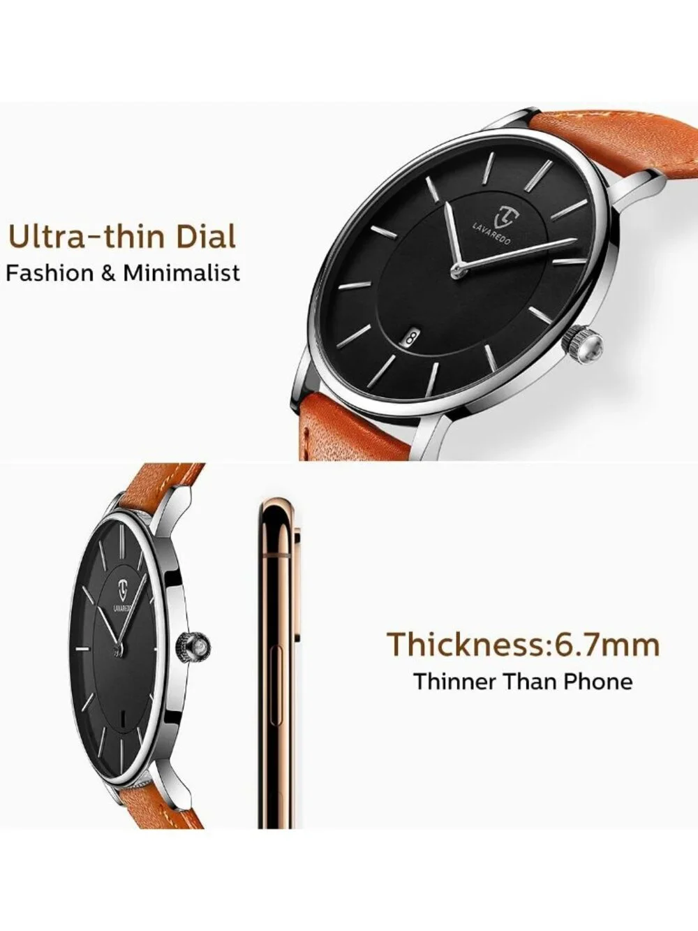 Men's Black Orange Leather Strap Analog Minimalist Fashion Simple Wrist Watch